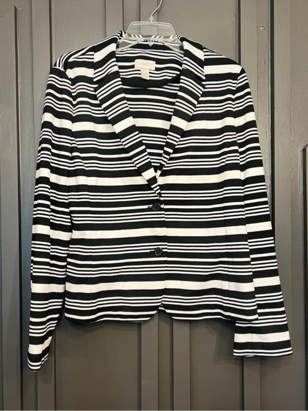 LOFT Black & White Striped Knit Notch Lapel Blazer